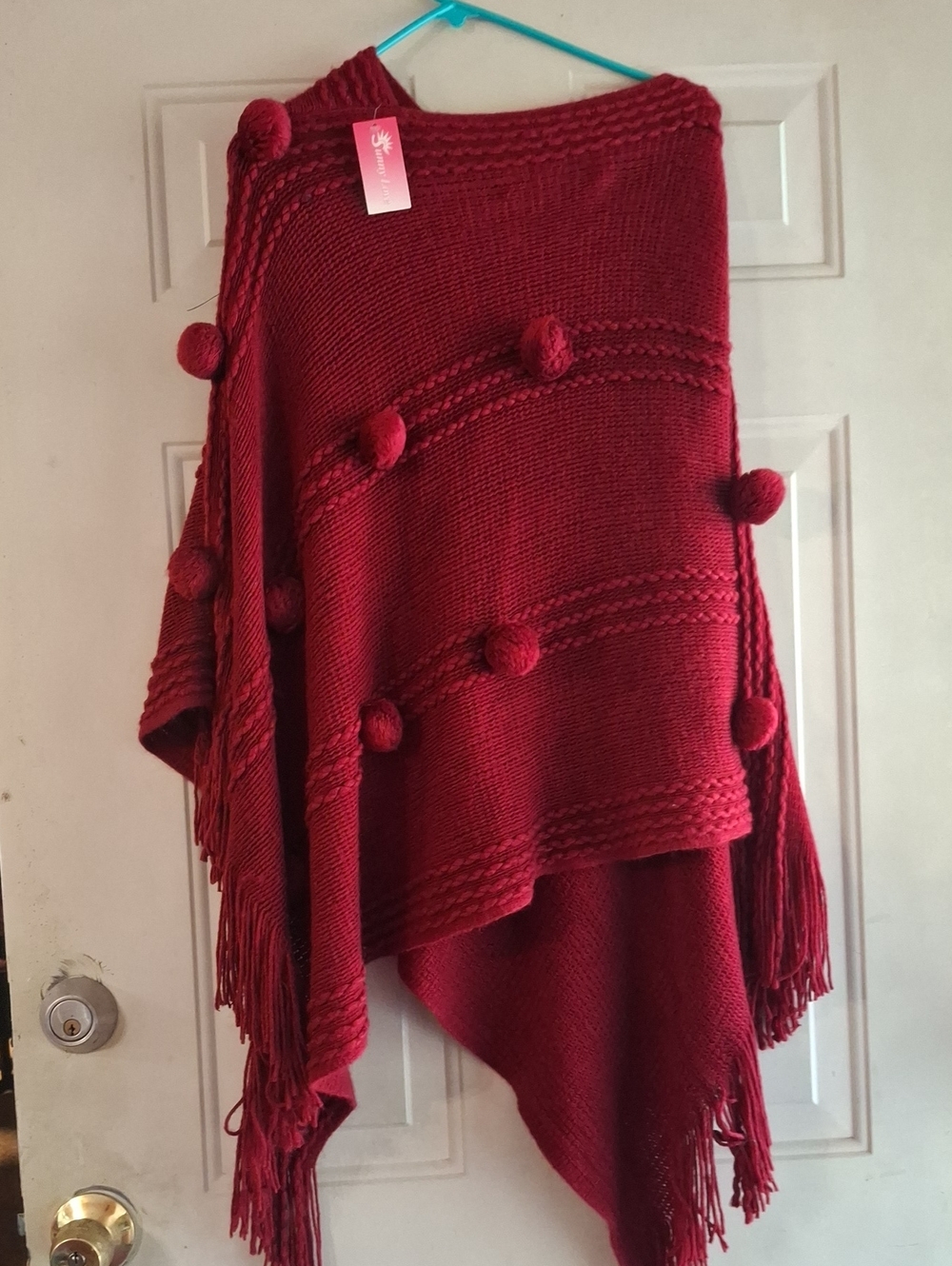 Women’s Red Pom-Pom Knit Poncho